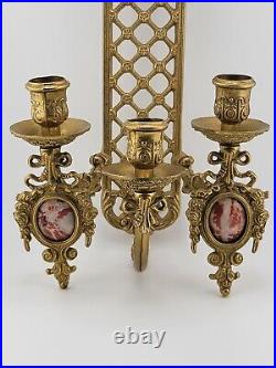 Antique Bronze Brass Two Medallion Marble Scones Candle Holders