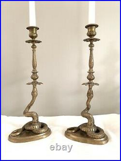 Antique Bronze Serpent Snake Candle Stick Pair Attributed To Antonio Pandiani