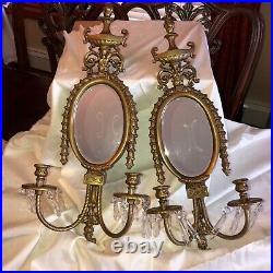 Antique Bronze Wall Sconce Pair With Mirrors, Two Candle Holder And Crystals