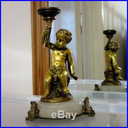 Antique CHERUB Gilded Brass CANDLE HOLDER on Marble Base (Three Foot Supports)