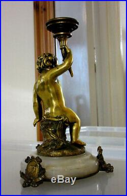 Antique CHERUB Gilded Brass CANDLE HOLDER on Marble Base (Three Foot Supports)