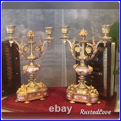 Antique Candelabras Bronze French Louis XV Style Pink Porcelain SIGNED Pair