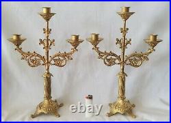 Antique Candelabras Candlesticks 3 Arm French Gilt Brass Bronze