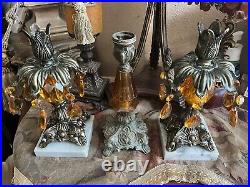 Antique Candle Holder Brass Filigree Crystal Prisms Italian Marble Bases