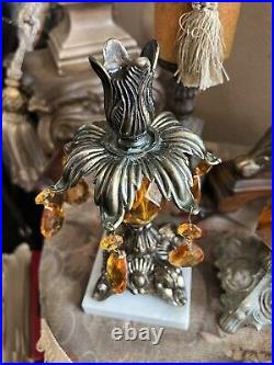 Antique Candle Holder Brass Filigree Crystal Prisms Italian Marble Bases