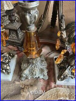 Antique Candle Holder Brass Filigree Crystal Prisms Italian Marble Bases