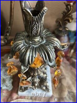 Antique Candle Holder Brass Filigree Crystal Prisms Italian Marble Bases