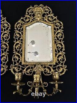 Antique Cast Brass Bacchus Mirror 3 Arm Candle Sconce (2)