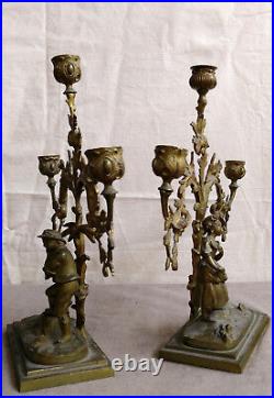 Antique Cast Brass Candelabra Candlestick Victorian Boy Girl in Garden Figurine