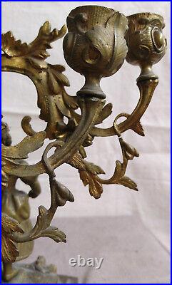 Antique Cast Brass Candelabra Candlestick Victorian Boy Girl in Garden Figurine