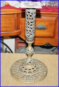 Antique Chinese Asian Brass Candlestick Holder Open Lattice Scrolls Large