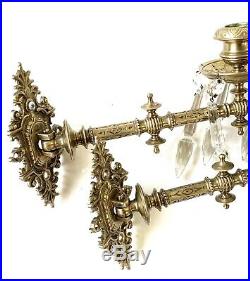 Antique Eastlake-piano Wall Sconce-candle Holder-brass-crystal-swivel Arms-pair