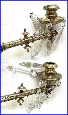 Antique Eastlake-piano Wall Sconce-candle Holder-brass-crystal-swivel Arms-pair