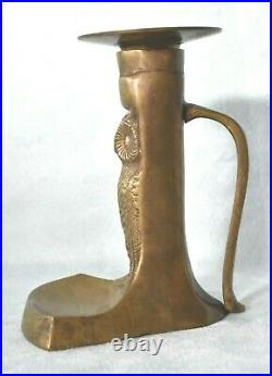 Antique English Brass Arts & Crafts Night OWL Figure Chamberstick Candle Holder