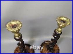 Antique English Oak OPEN Barley Twist Candlesticks Candle Holder Brass (EU)