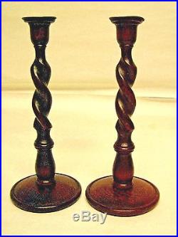 Antique English Treen Oak Barley Twist Candlesticks Candle Holders Brass Inserts