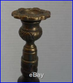Antique English oak open barley twisted candlesticks withsolid brass tops-oak base