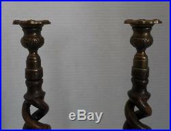 Antique English oak open barley twisted candlesticks withsolid brass tops-oak base