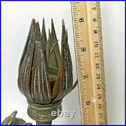 Antique Figural Bull & Lotus Brass Candlestick Candle Holder 9 Tall