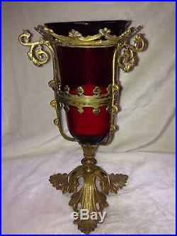 Antique French 1880's Red Glass Brass Altar Sanctuary Candle Holder 12 Tall