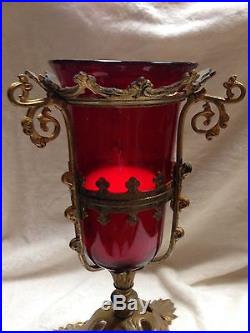 Antique French 1880's Red Glass Brass Altar Sanctuary Candle Holder 12 Tall