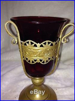 Antique French 1890's Red Glass Brass Altar Sanctuary Candle Holder 8 tall