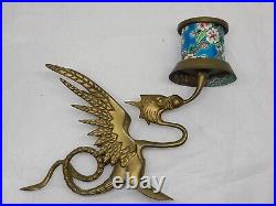 Antique French A Pair of Longwy Brass Griffin crackle candlesticks