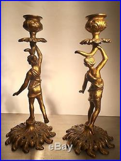 Antique French Art Deco Design Brass Gilt Gold Pair of Candle Holders Figures