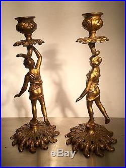 Antique French Art Deco Design Brass Gilt Gold Pair of Candle Holders Figures