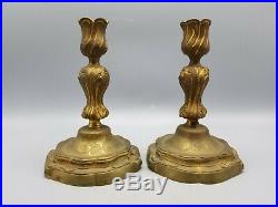 Antique French Brass Bronze Gilt Floral Candle Holders