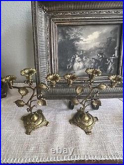 Antique French Brass Flowers Church Candelabras