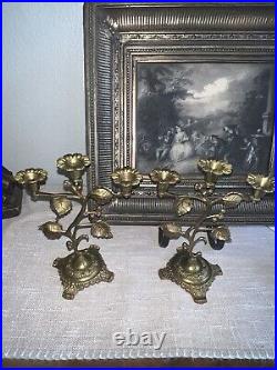 Antique French Brass Flowers Church Candelabras