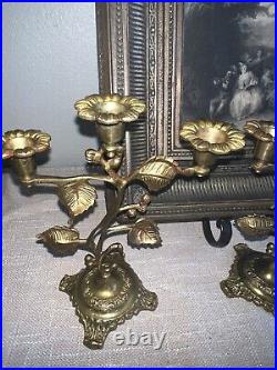 Antique French Brass Flowers Church Candelabras