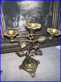 Antique French Brass Flowers Church Candelabras