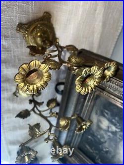 Antique French Brass Flowers Church Candelabras