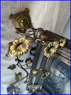 Antique French Brass Flowers Church Candelabras