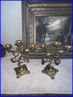 Antique French Brass Flowers Church Candelabras