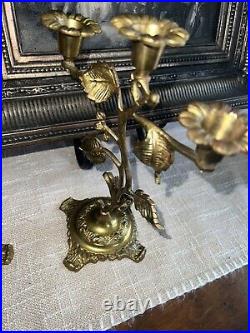 Antique French Brass Flowers Church Candelabras