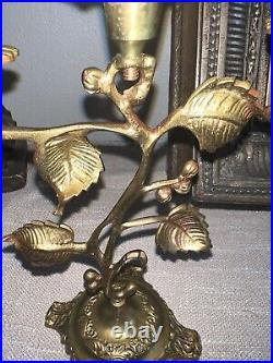 Antique French Brass Flowers Church Candelabras