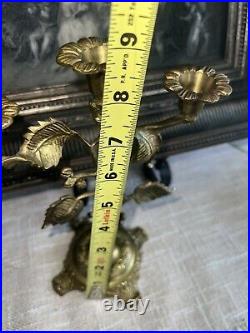 Antique French Brass Flowers Church Candelabras