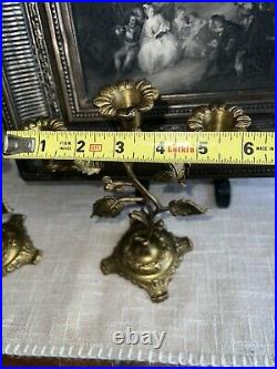 Antique French Brass Flowers Church Candelabras