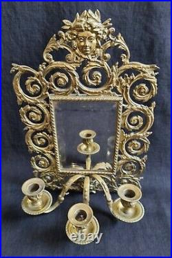 Antique French Brass Girandole Mirror Candle Holder Wall Sconce Bevelled Glass