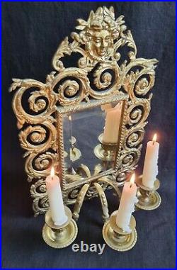 Antique French Brass Girandole Mirror Candle Holder Wall Sconce Bevelled Glass