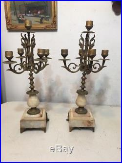Antique French Brass Or Bronze & Onyx Candelabra Mantle Clock Garnitures