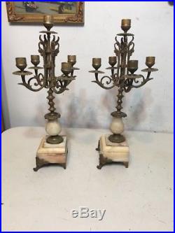 Antique French Brass Or Bronze & Onyx Candelabra Mantle Clock Garnitures