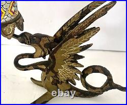 Antique French Brass chamberstick Longwy Majolica Winged Dragon Candle Holders
