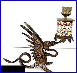 Antique French Brass chamberstick Longwy Majolica Winged Dragon Candle Holders