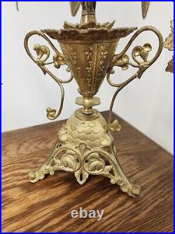 Antique French Gilt Church Candleabra 32 Tall Flower Wheat Grapes Tole Gold