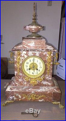 Antique French Marble 19th Century Clock With Marble/Brass Candle Holders Art Deco