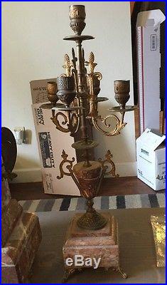 Antique French Marble 19th Century Clock With Marble/Brass Candle Holders Art Deco